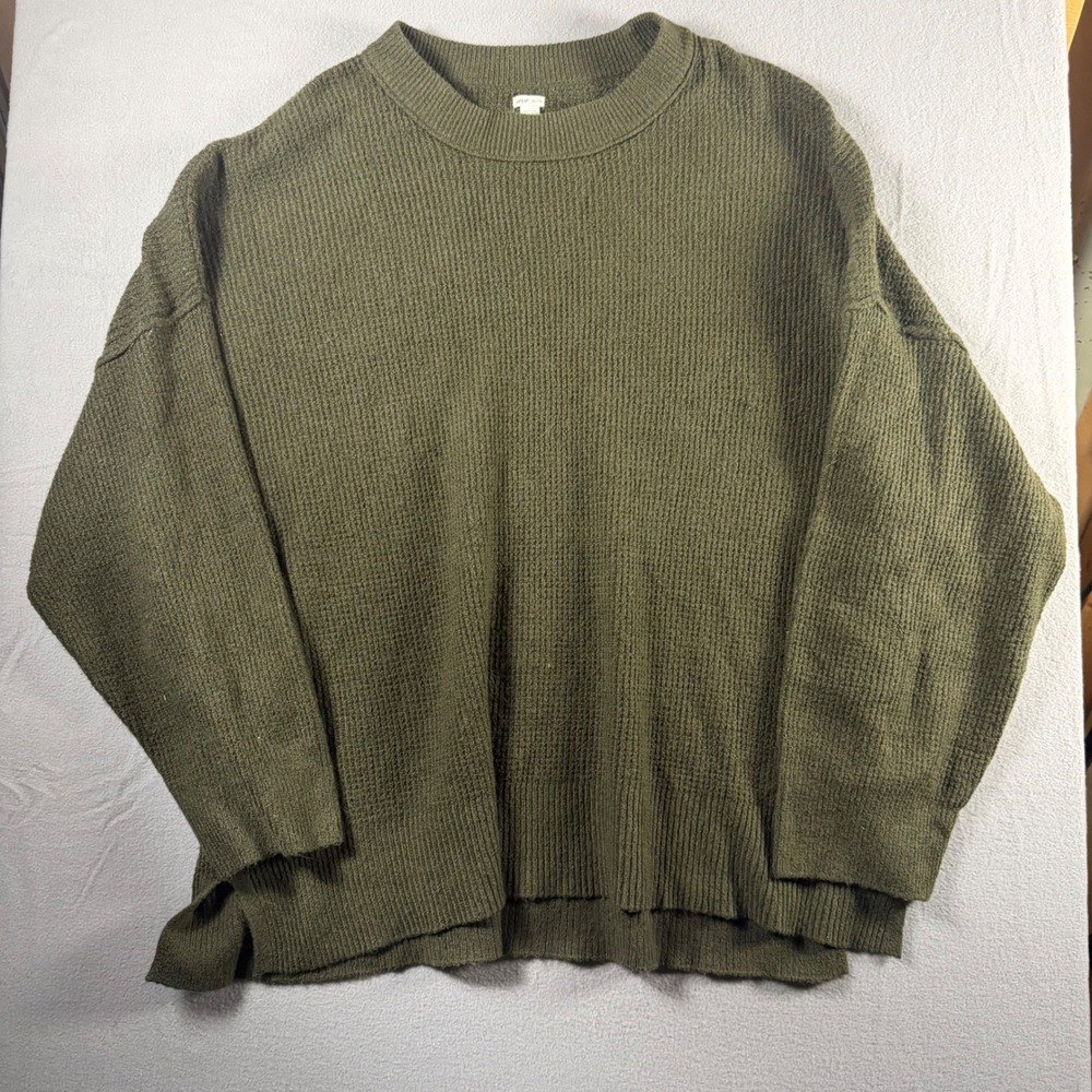 Aerie Womens XXL Olive Green Waffle Knit Oversized Crewneck Pullover Sweater